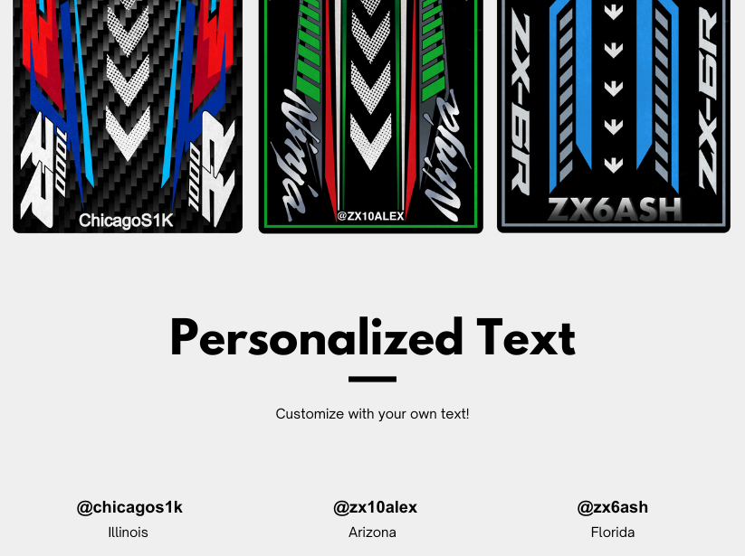 Three design samples with colorful patterns and personalized text on a webpage. Social media handles: @chicagos1k IL, @zx10alex AZ, @zx6ash FL. Text: Customize your Motorcycle Mat for King of Road - Glide Beyond Limits with your own text!.