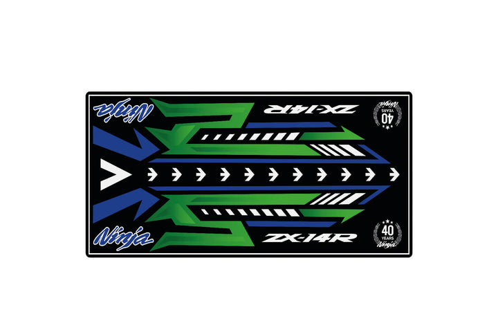 A motorcycle garage mat from Motorcycle Pit Mat, featuring Ninja and ZX-14R in stylish fonts against a black background with green and blue arrow patterns, plus a 40th Anniversary badge.